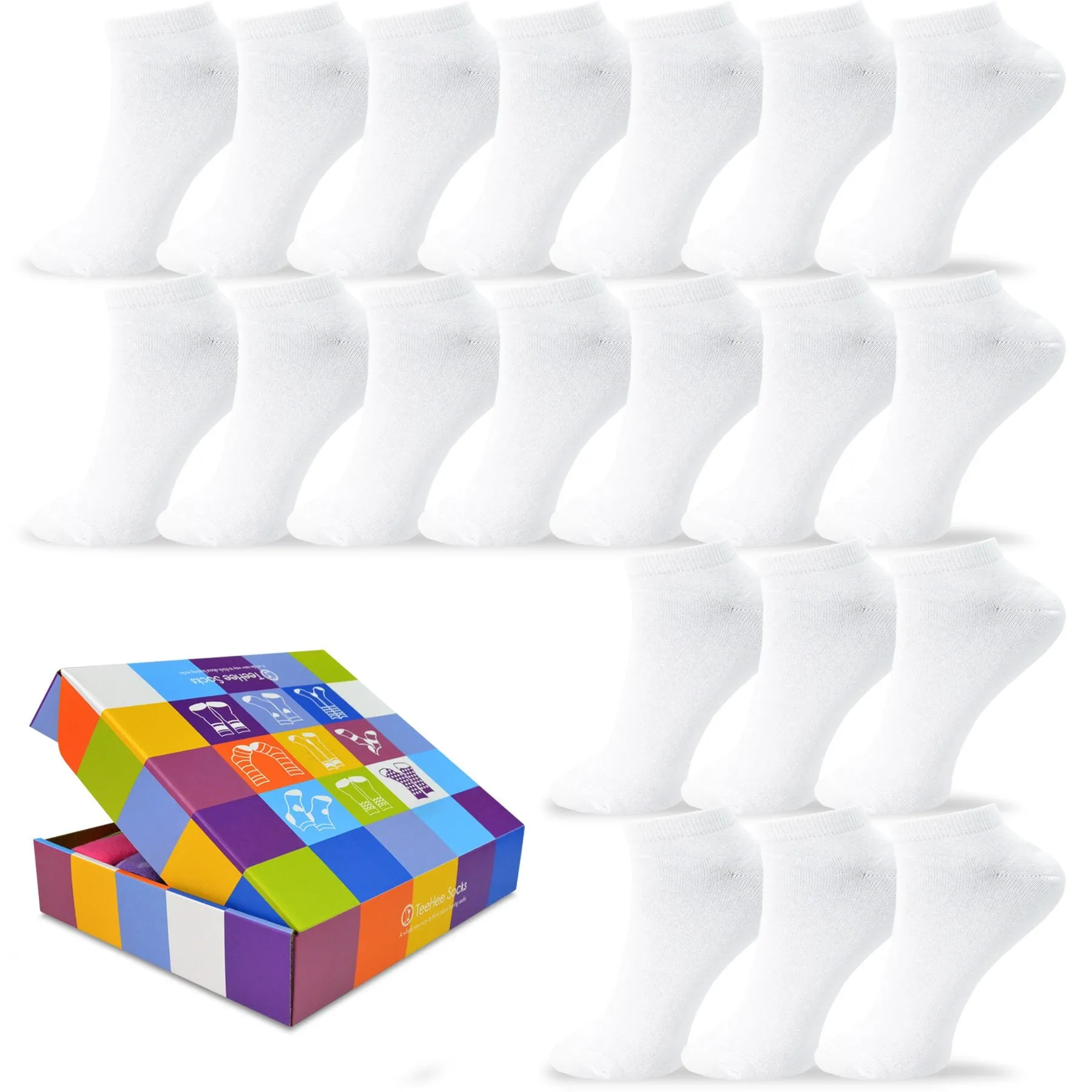 TeeHee Socks Women's Casual Cotton No Show White 20-Pack Gift Box (12081)