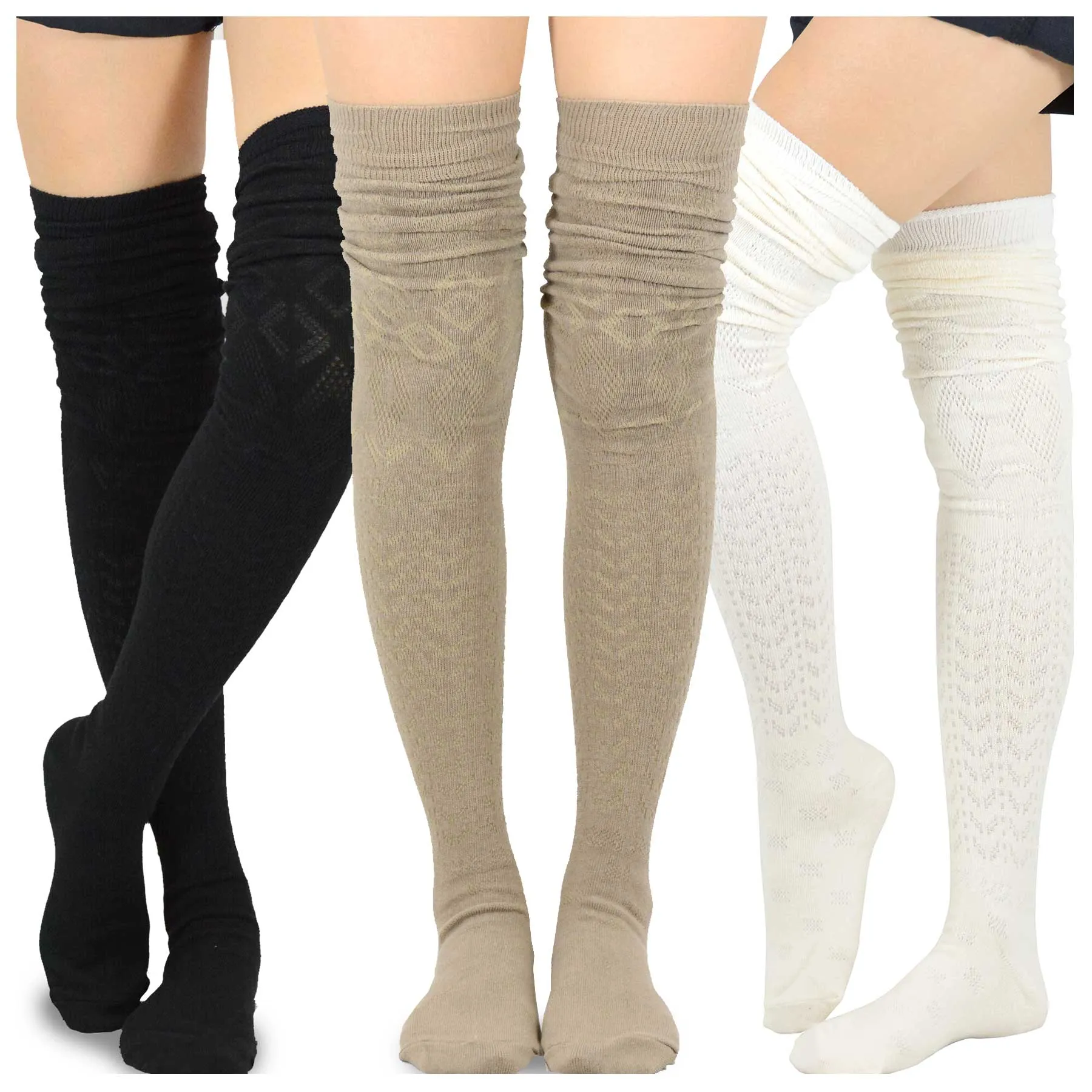 TeeHee Socks Women's Casual Cotton Thigh High Pointelle 3-Pack (11396)