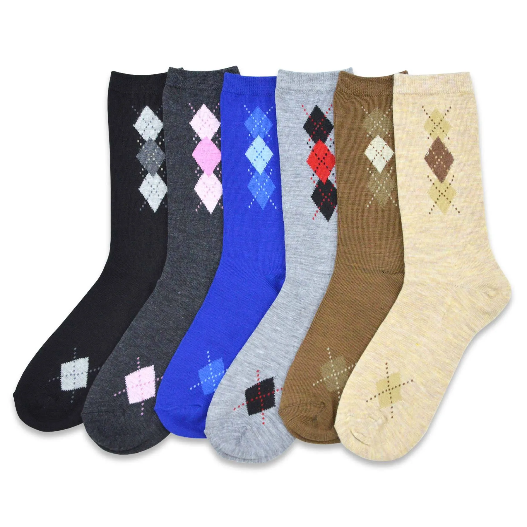 TeeHee Socks Women's Casual Polyester Crew Clocking Argyle 6-Pack (11195)