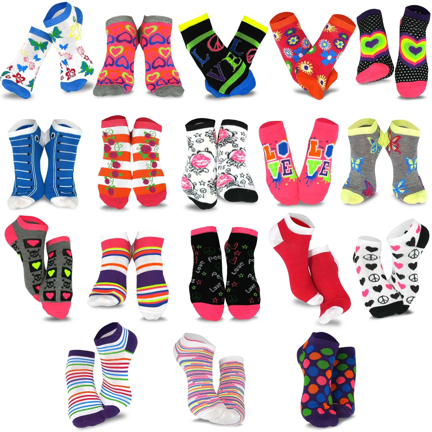 TeeHee Socks Women's Casual Polyester No Show Love Peace 18-Pack (12062)