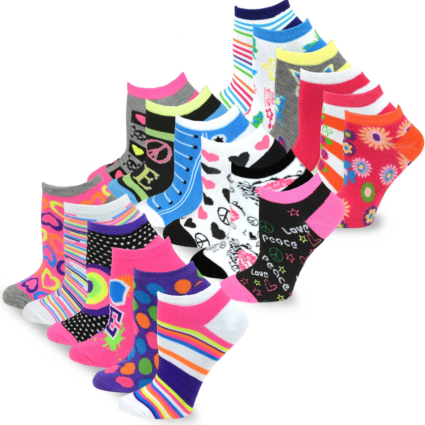 TeeHee Socks Women's Casual Polyester No Show Love Peace 18-Pack (12062)