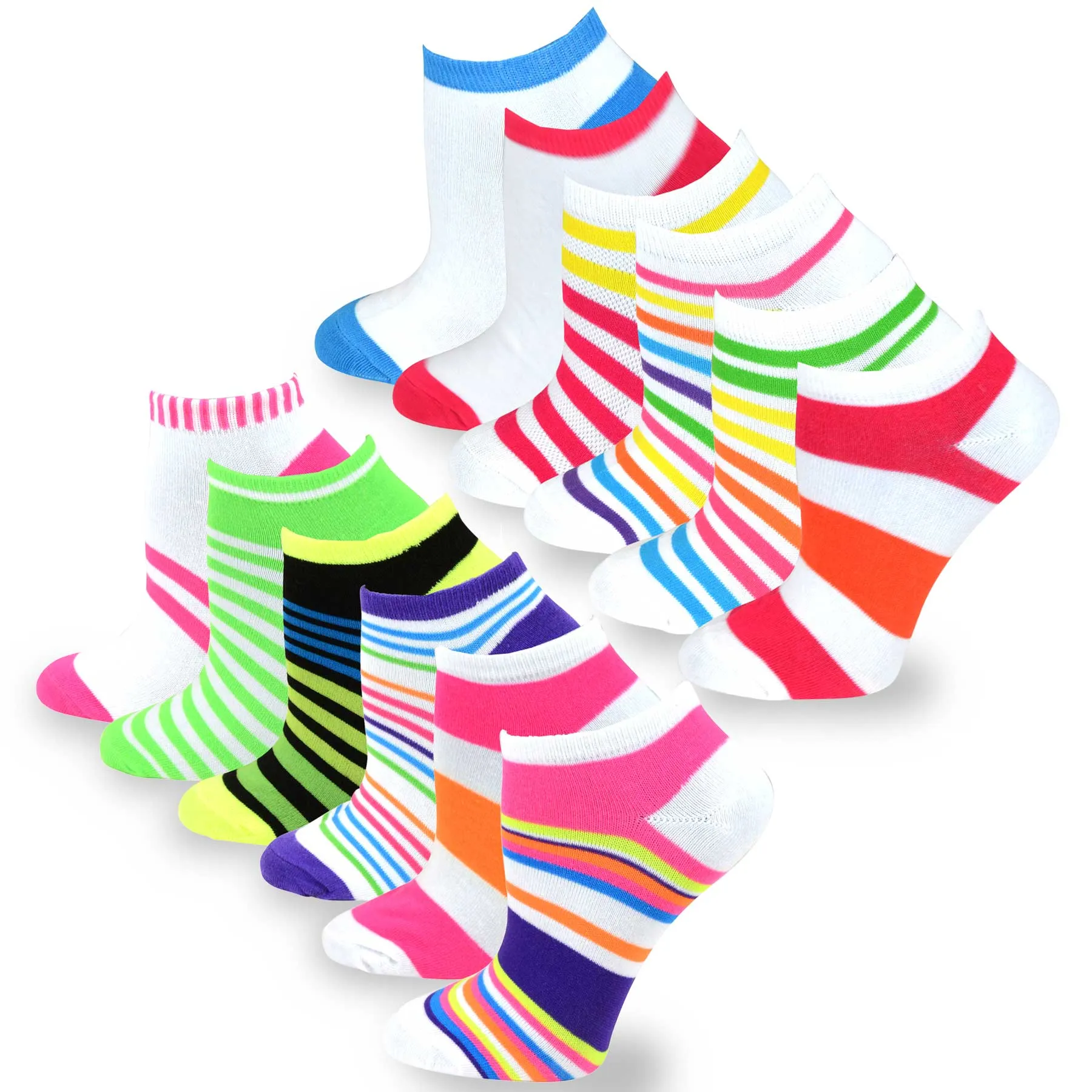 TeeHee Socks Women's Casual Polyester No Show Plain/Neon Stripes 12-Pack (31091)