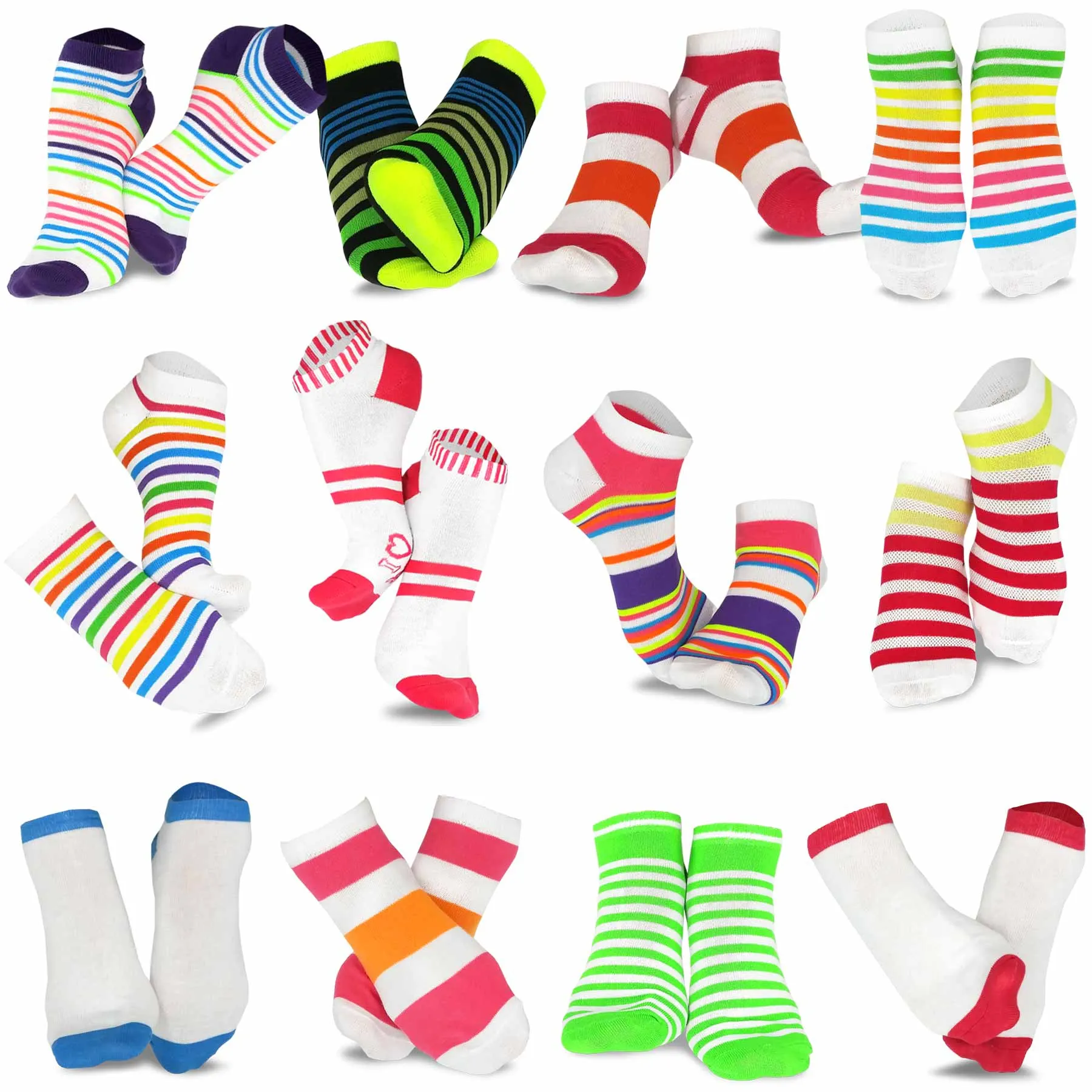 TeeHee Socks Women's Casual Polyester No Show Plain/Neon Stripes 12-Pack (31091)