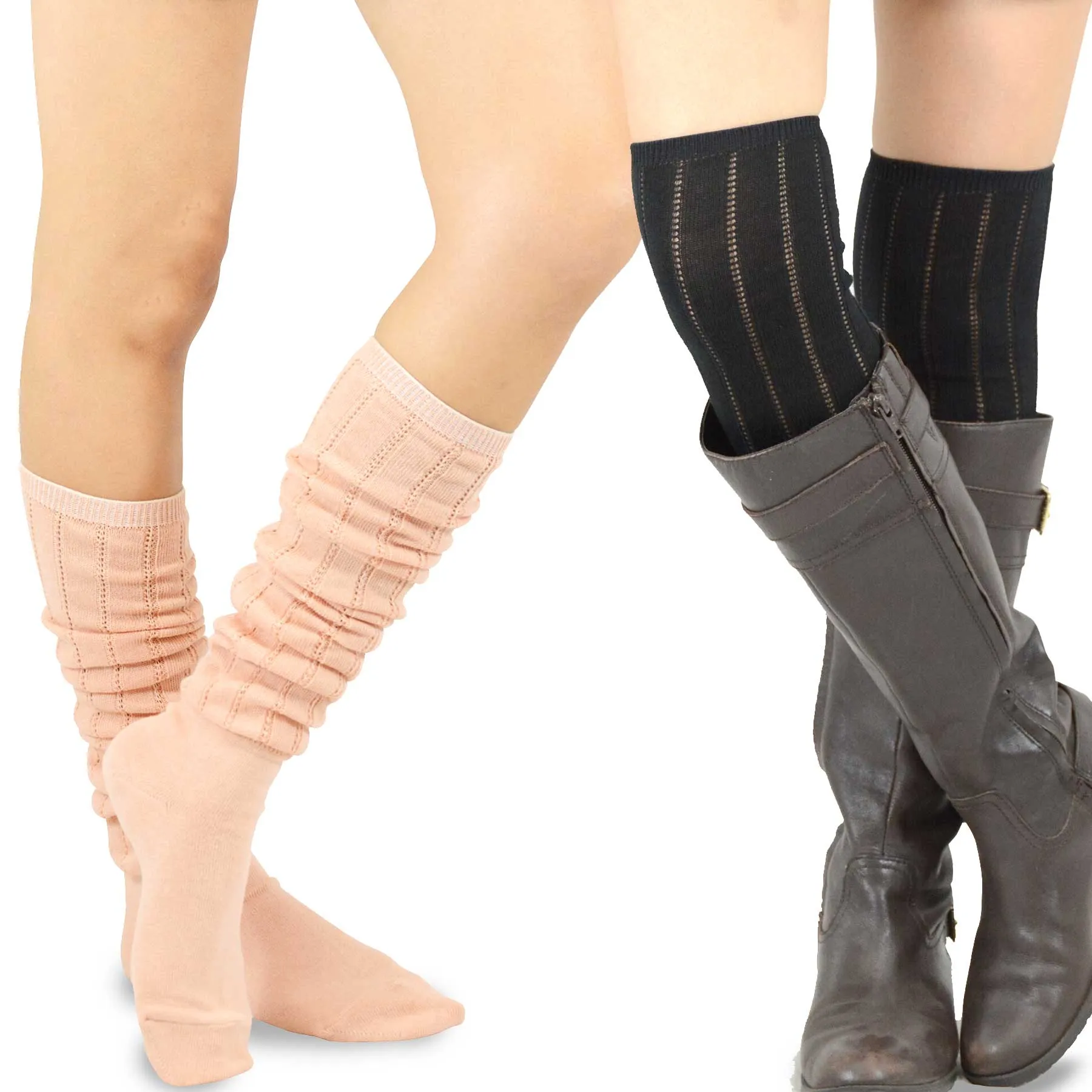 TeeHee Socks Women's Casual Polyester Over the Knee Pointelle Black/Peach 2-Pack (11398)