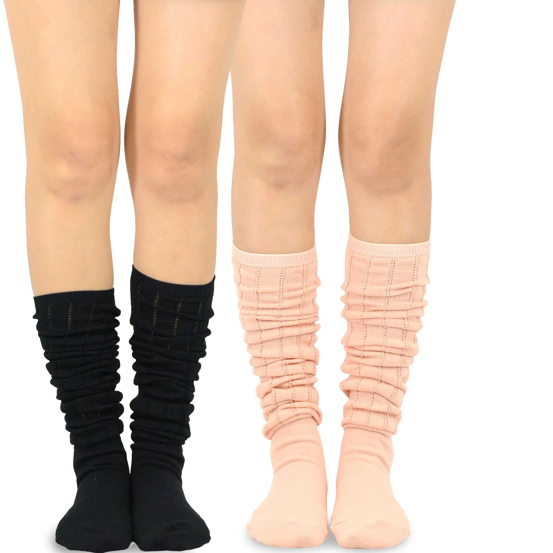 TeeHee Socks Women's Casual Polyester Over the Knee Pointelle Black/Peach 2-Pack (11398)