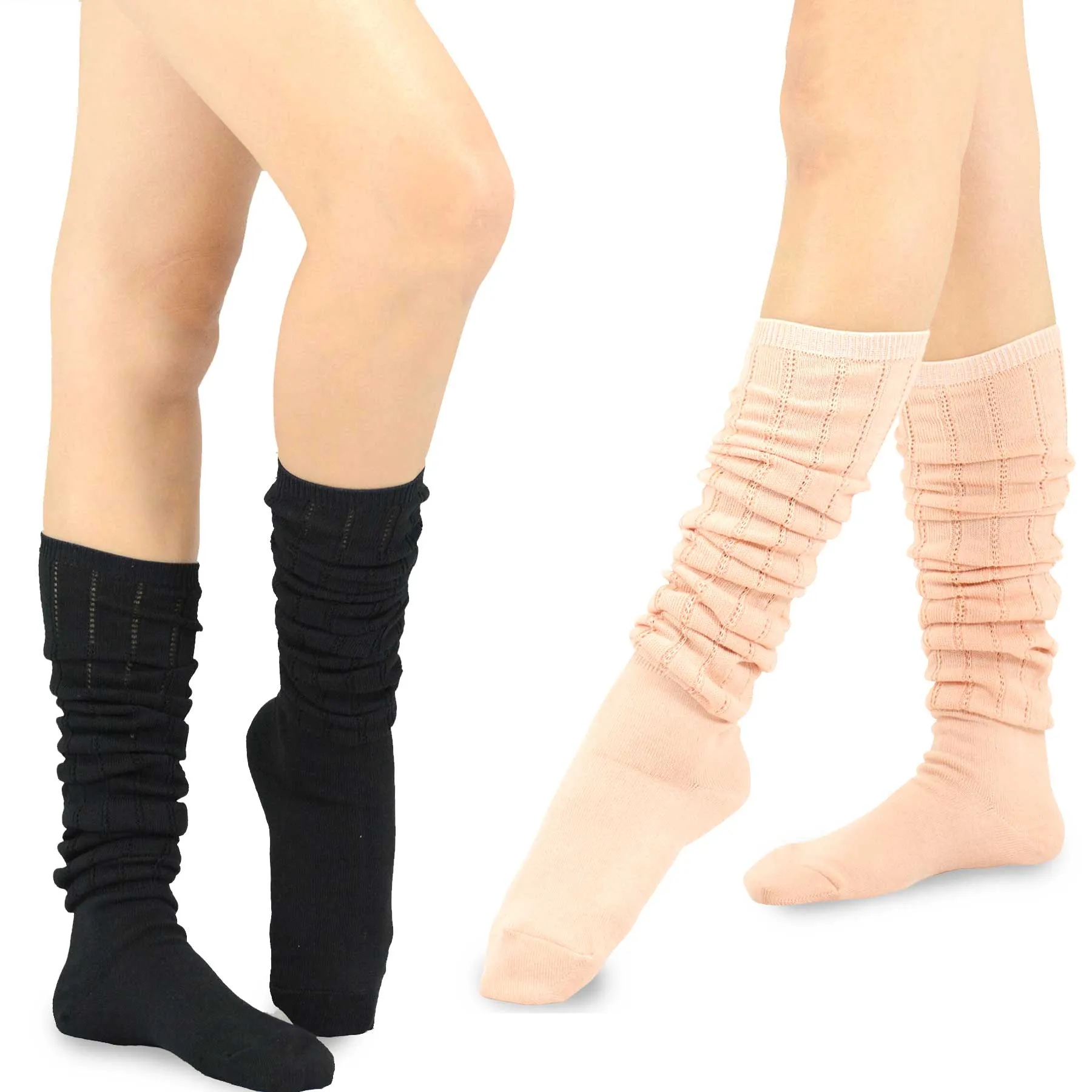 TeeHee Socks Women's Casual Polyester Over the Knee Pointelle Black/Peach 2-Pack (11398)