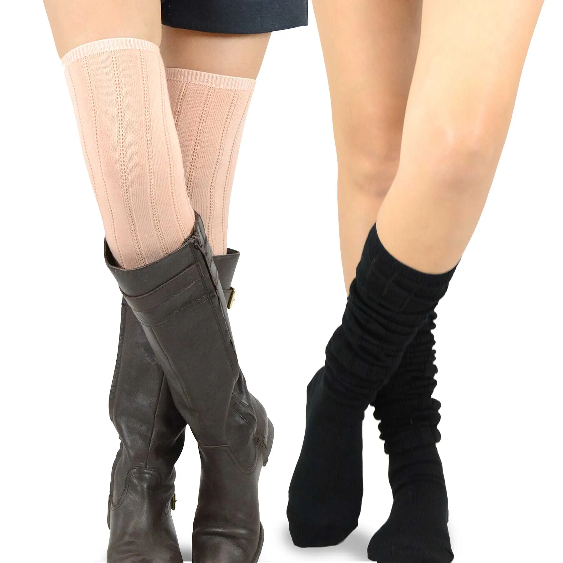 TeeHee Socks Women's Casual Polyester Over the Knee Pointelle Black/Peach 2-Pack (11398)