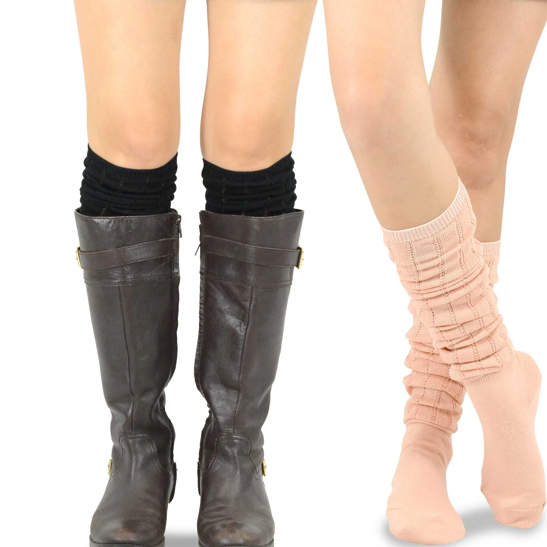 TeeHee Socks Women's Casual Polyester Over the Knee Pointelle Black/Peach 2-Pack (11398)