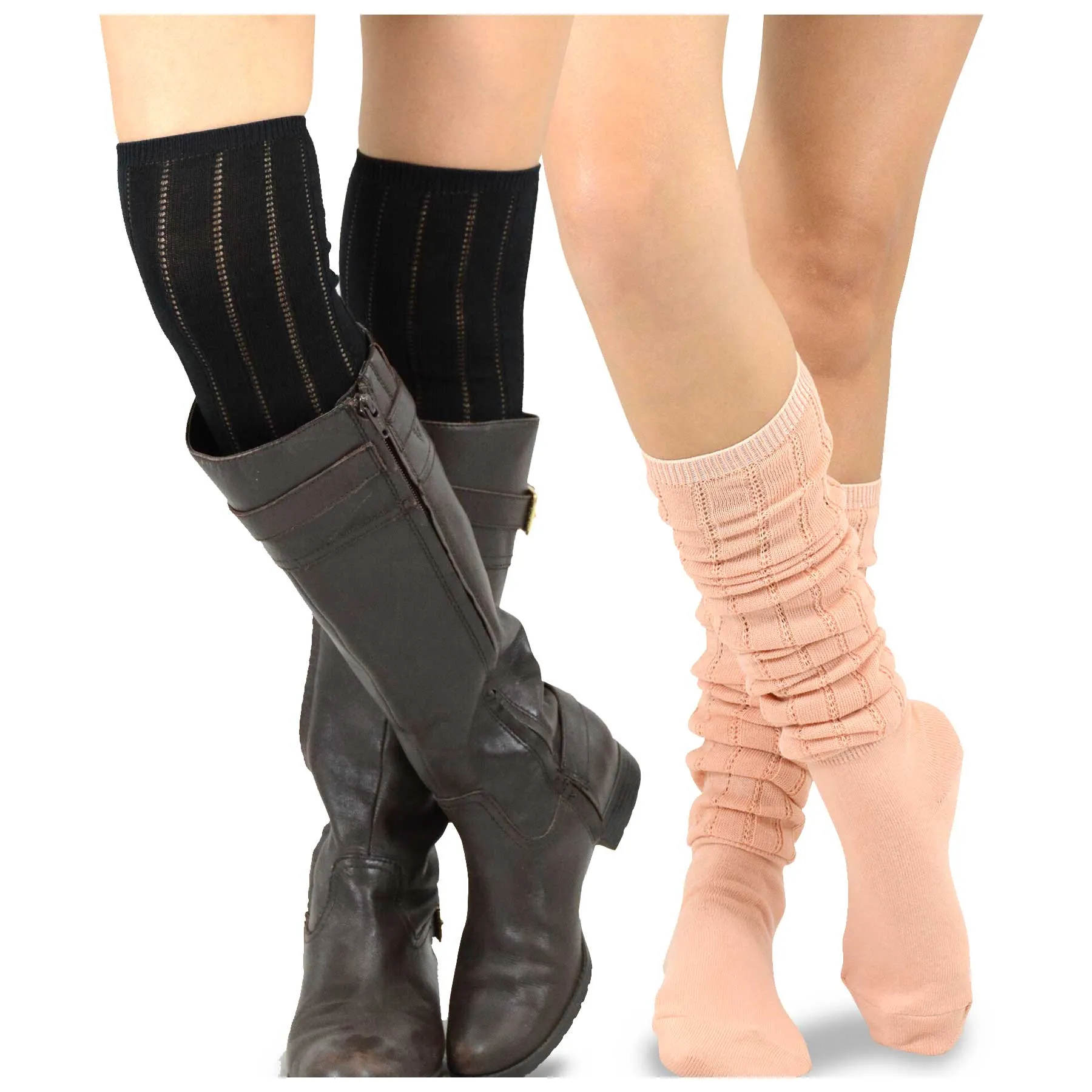 TeeHee Socks Women's Casual Polyester Over the Knee Pointelle Black/Peach 2-Pack (11398)