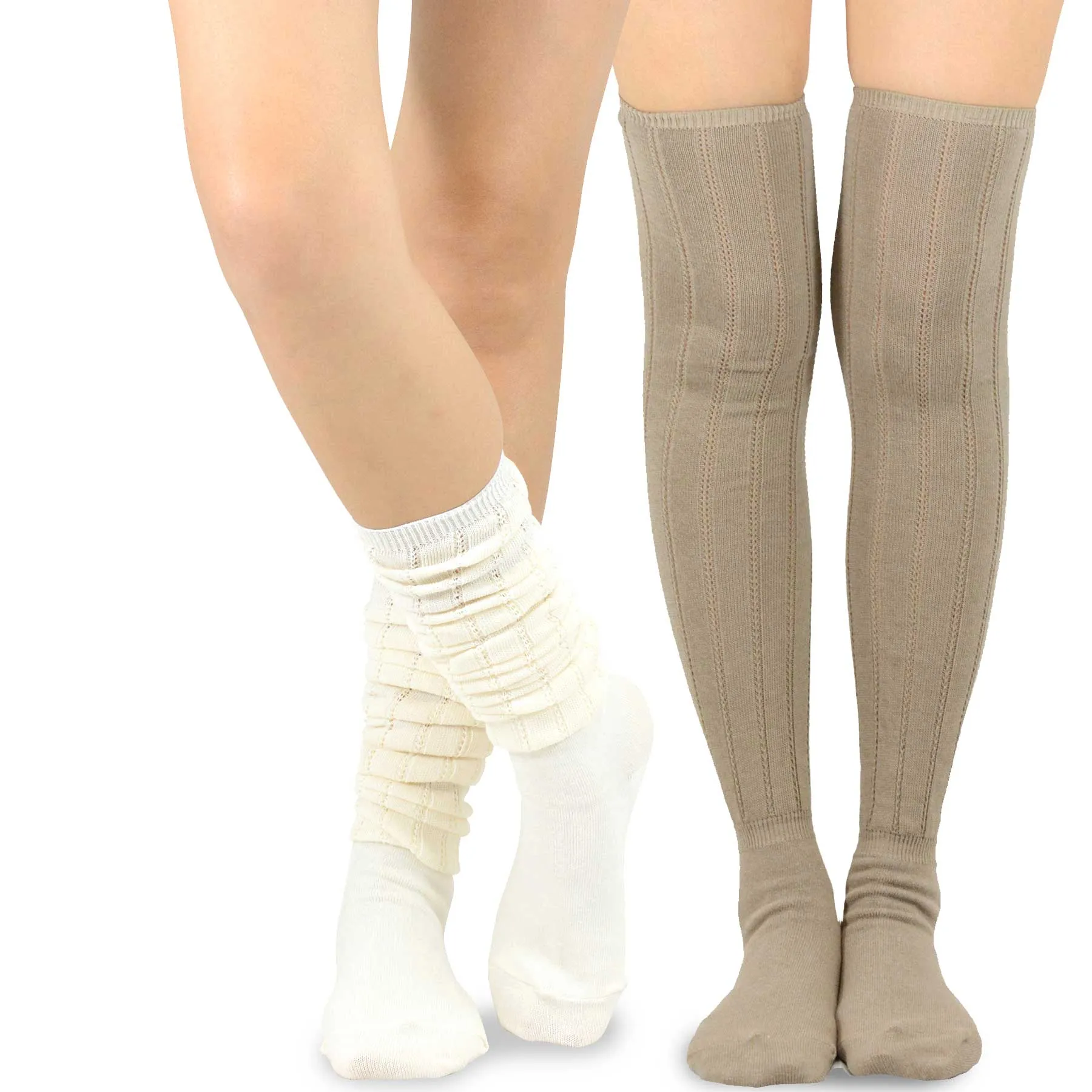 TeeHee Socks Women's Casual Polyester Over the Knee Pointelle Ivory/Taupe 2-Pack (11398)