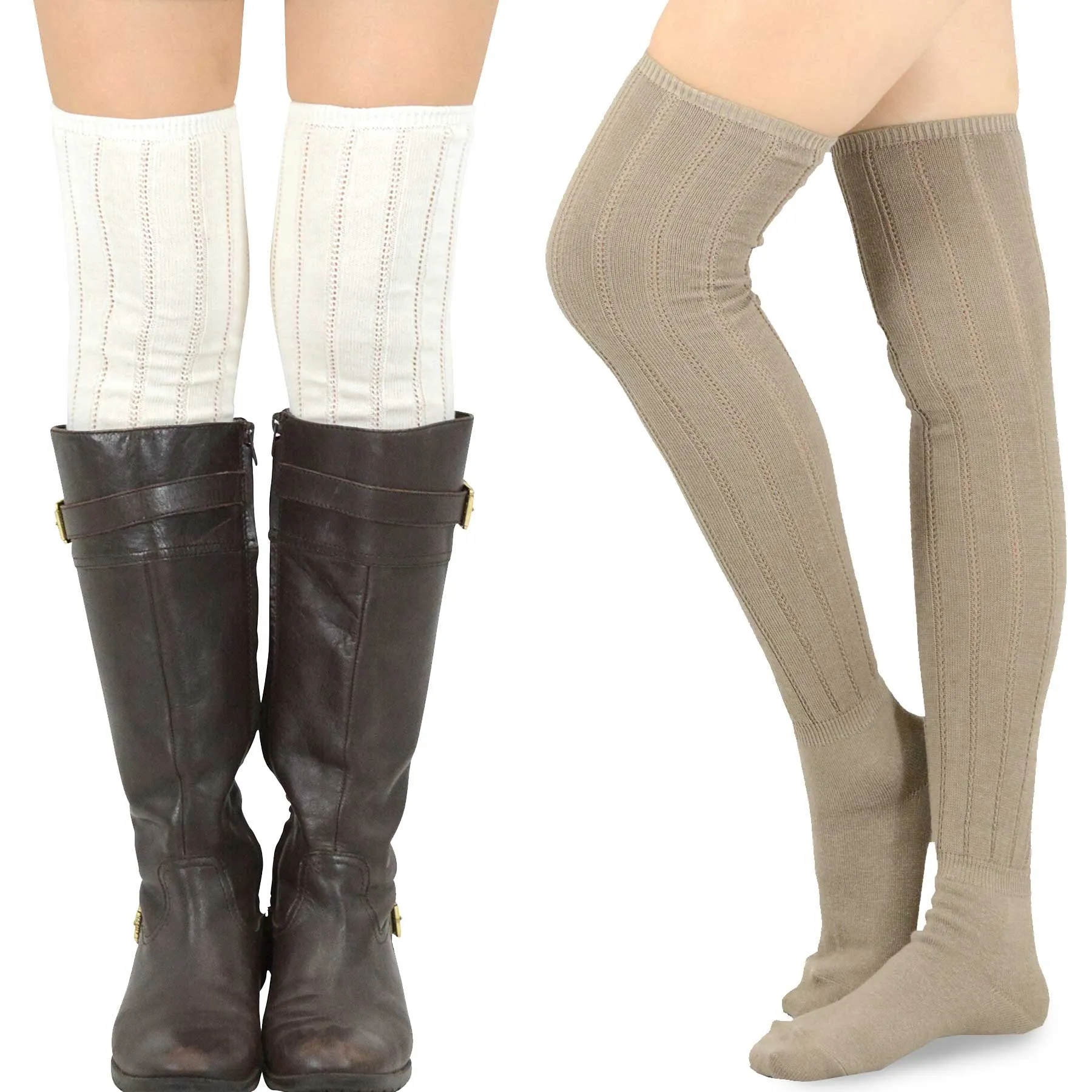 TeeHee Socks Women's Casual Polyester Over the Knee Pointelle Ivory/Taupe 2-Pack (11398)