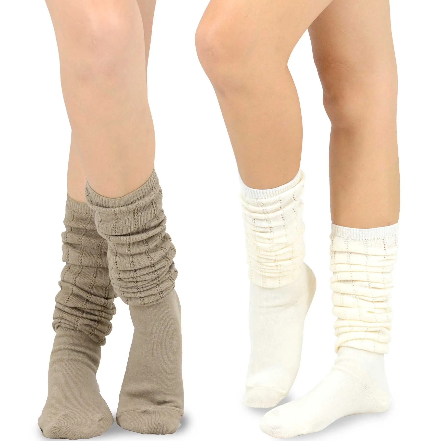 TeeHee Socks Women's Casual Polyester Over the Knee Pointelle Ivory/Taupe 2-Pack (11398)