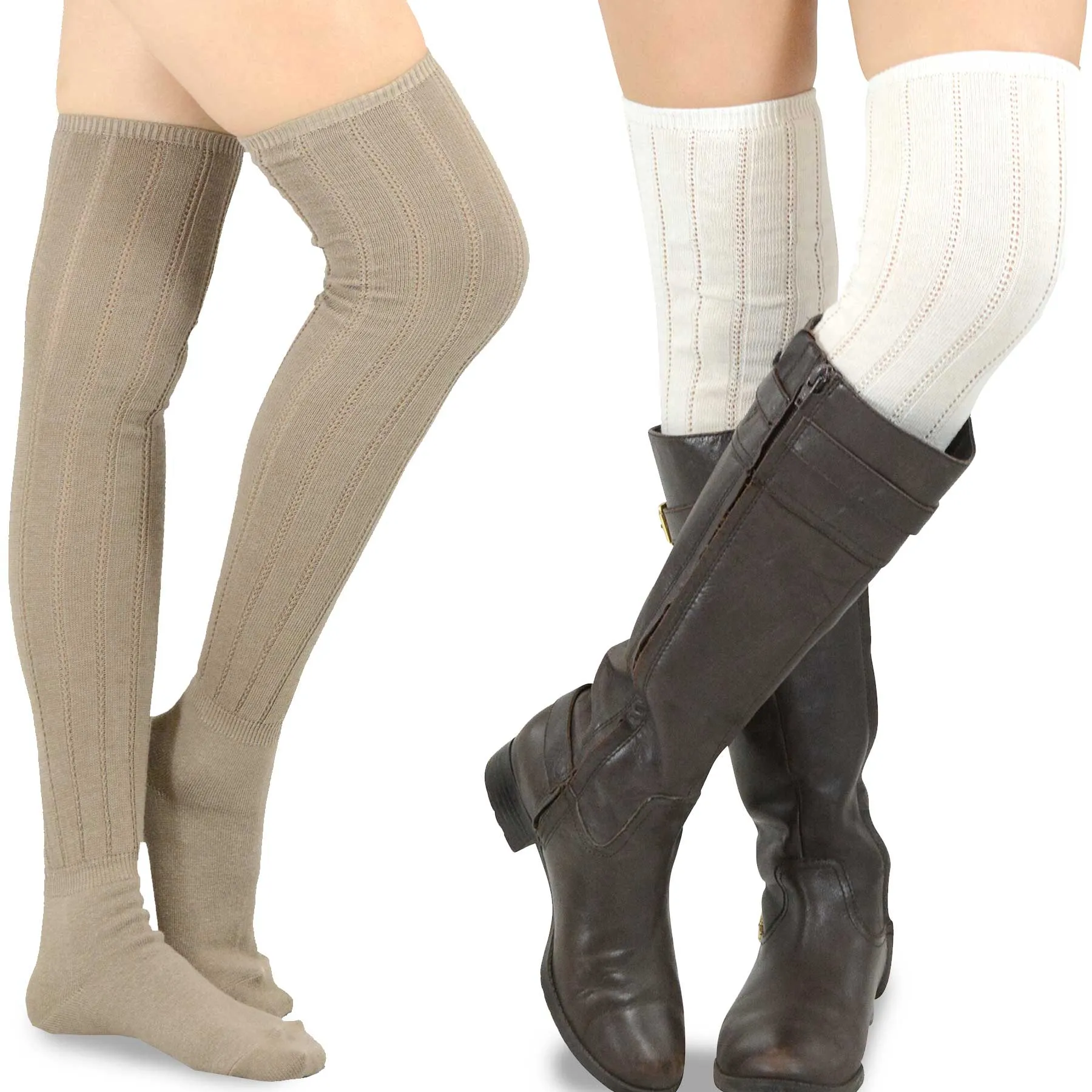 TeeHee Socks Women's Casual Polyester Over the Knee Pointelle Ivory/Taupe 2-Pack (11398)