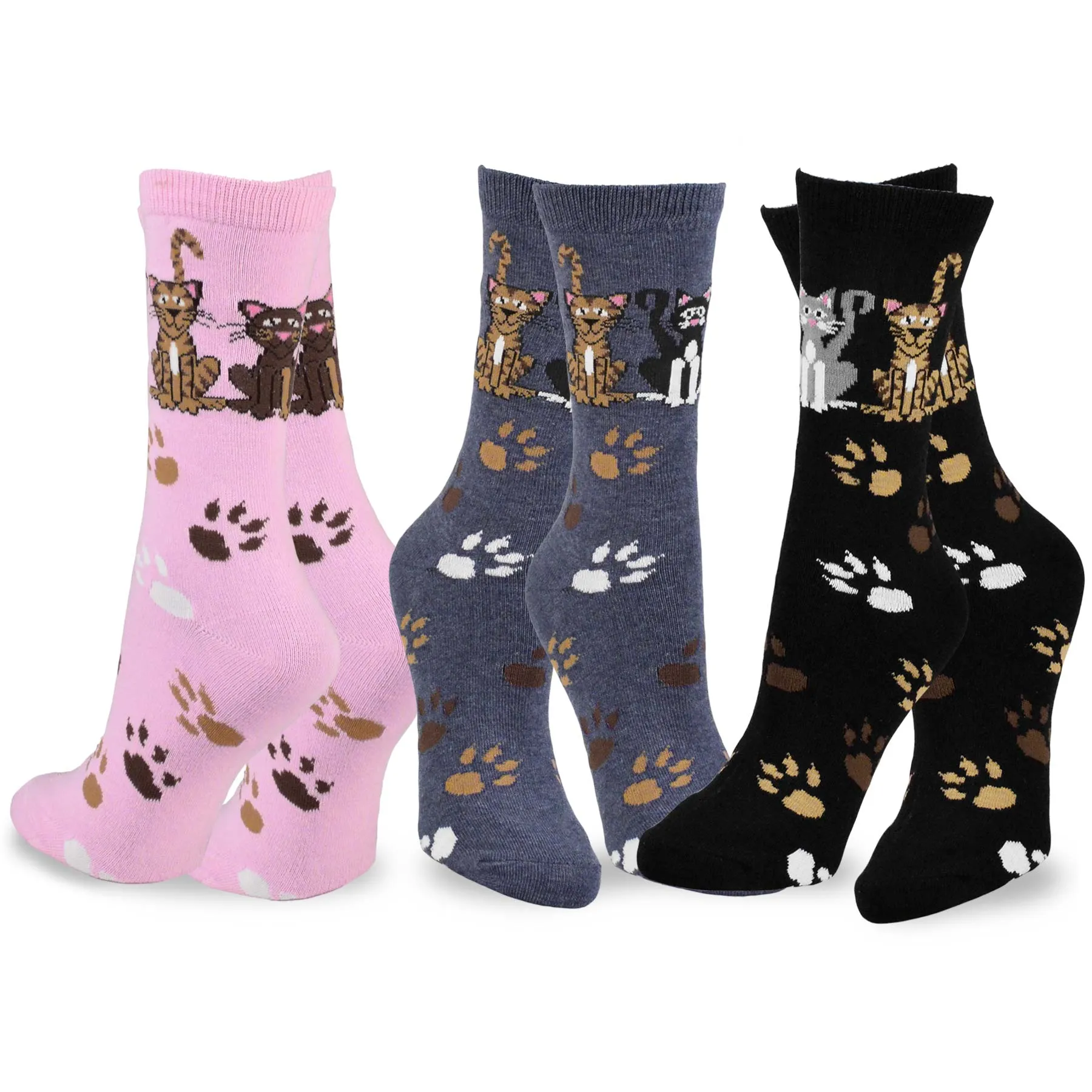 TeeHee Socks Women's Novelty Cotton Crew Cats and Foot Prints 3-Pack (11129)