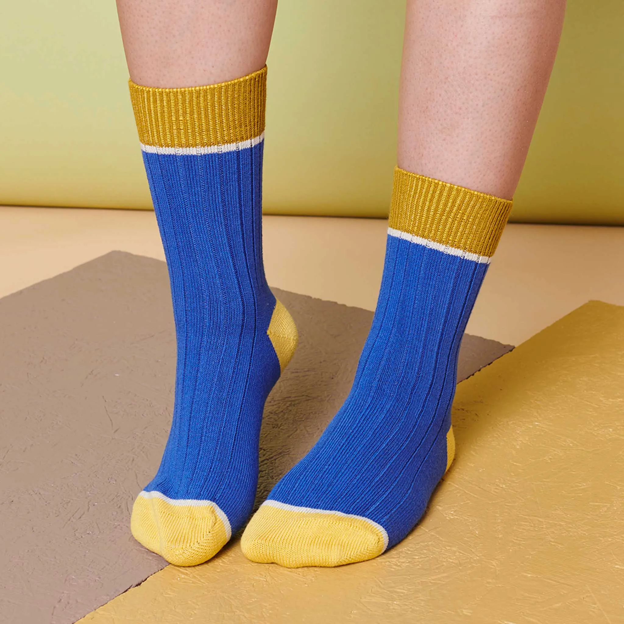 Unisex Organic Cotton Ribbed Ankle Socks - Blue Block