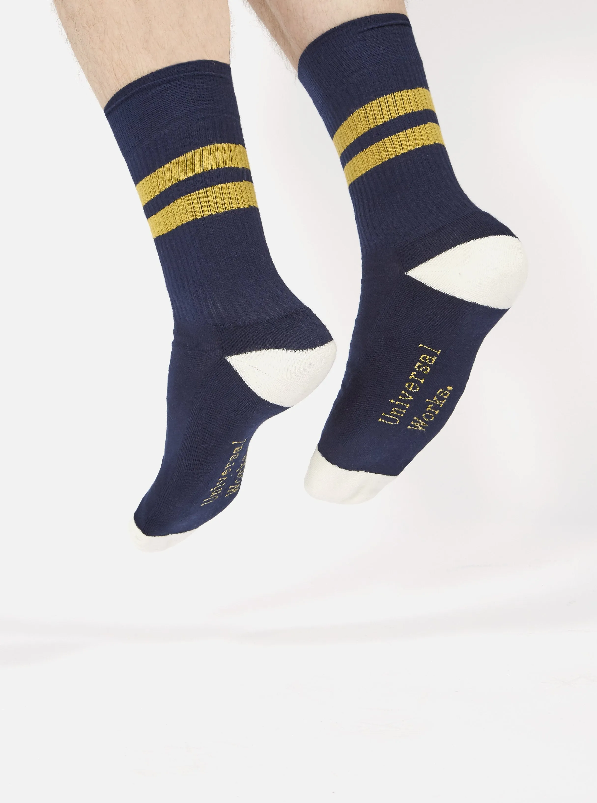 Universal Works Sport Sock in Navy/Yellow Cotton Rib