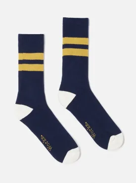 Universal Works Sport Sock in Navy/Yellow Cotton Rib