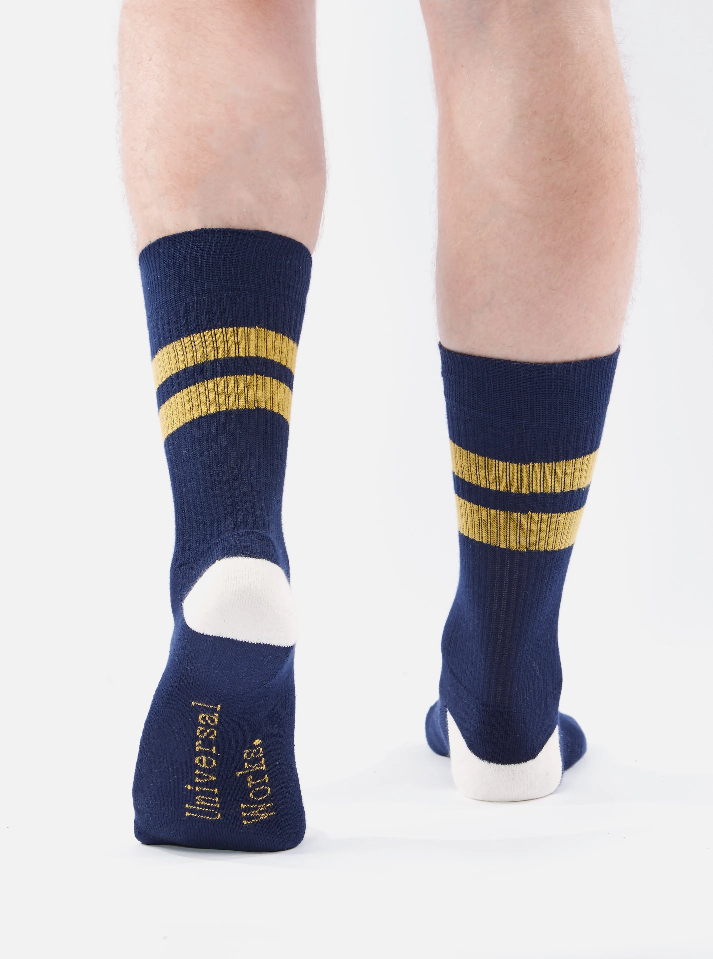 Universal Works Sport Sock in Navy/Yellow Cotton Rib