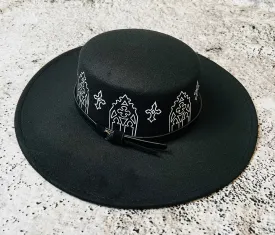 Vegan Felt Wide Brim Hat - Flat Top XL Brim - "Rot Iron Arches"