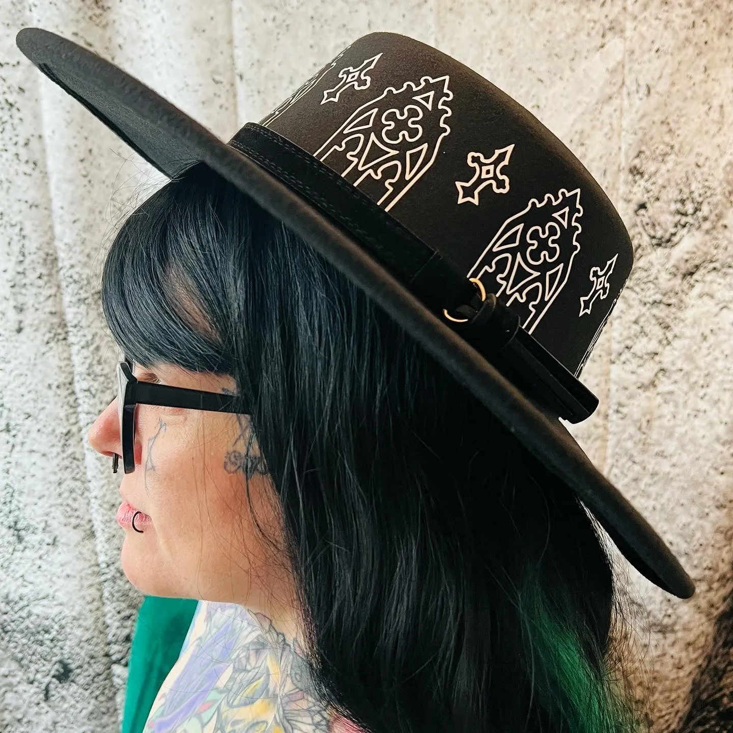 Vegan Felt Wide Brim Hat - Flat Top XL Brim - "Rot Iron Arches"