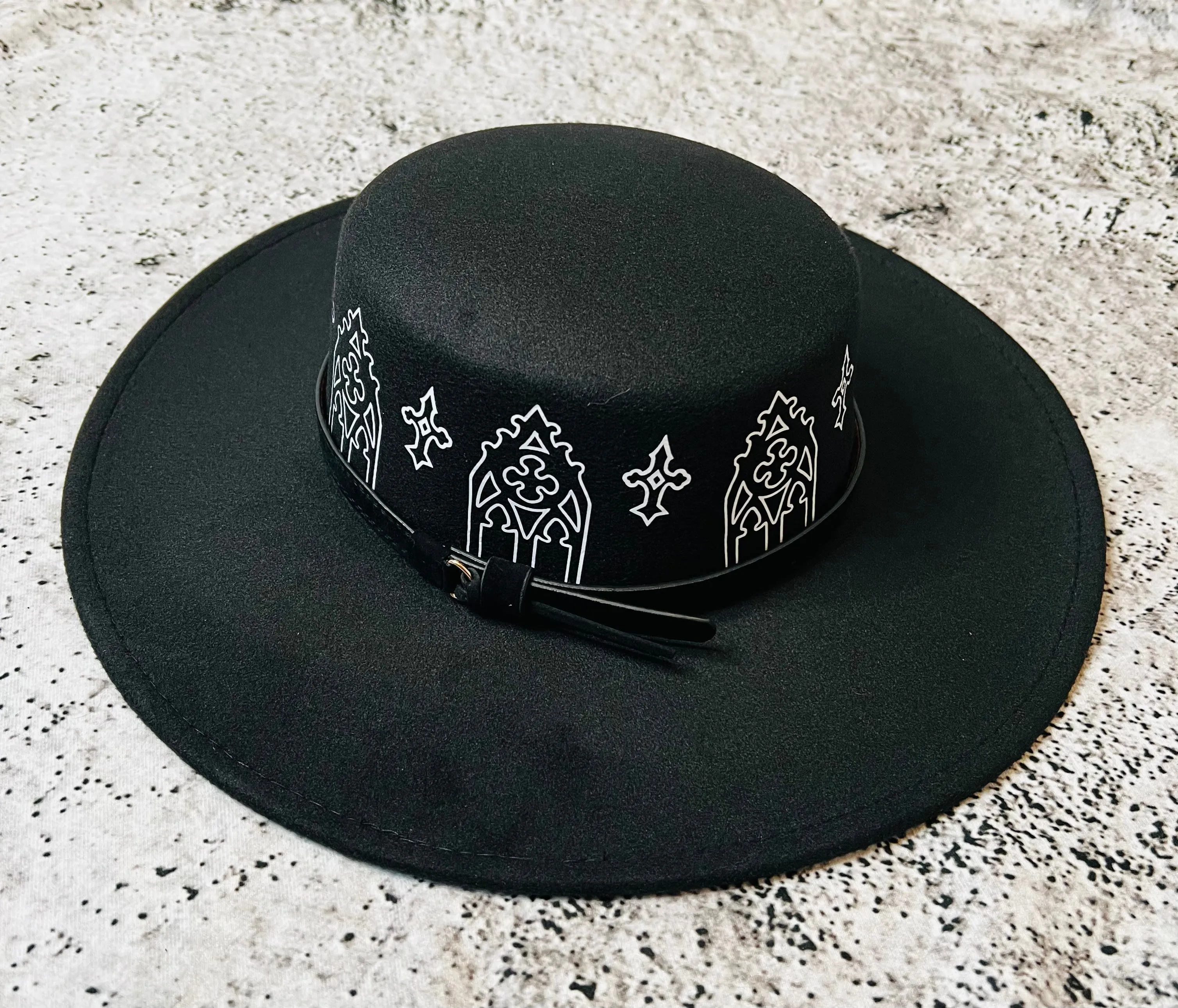 Vegan Felt Wide Brim Hat - Flat Top XL Brim - "Rot Iron Arches"