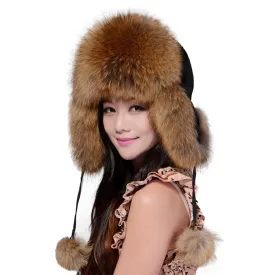 Winter Hats for Women Fox Fur Hat Bomber Hats  Millinery Ear Protector Cap 060101