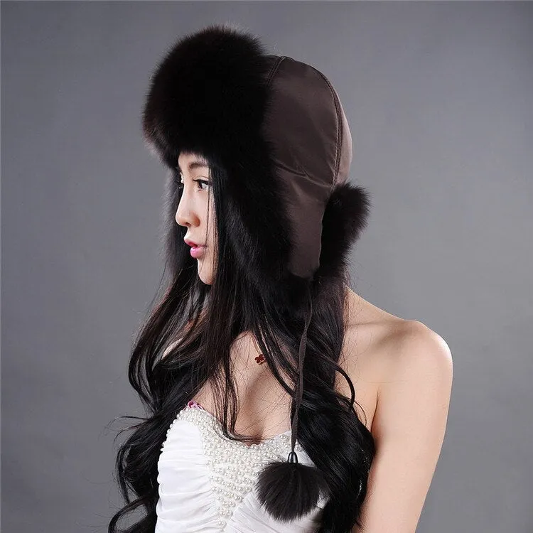 Winter Hats for Women Fox Fur Hat Bomber Hats  Millinery Ear Protector Cap 060101