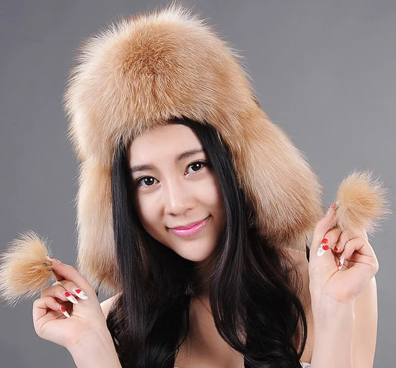 Winter Hats for Women Fox Fur Hat Bomber Hats  Millinery Ear Protector Cap 060101