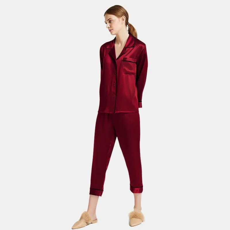 Women's  Capri-pants Silk Pajamas Set Long Sleeve Real Mulberry Comfy Silk Two Piece Pajamas Set