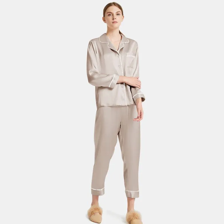 Women's  Capri-pants Silk Pajamas Set Long Sleeve Real Mulberry Comfy Silk Two Piece Pajamas Set