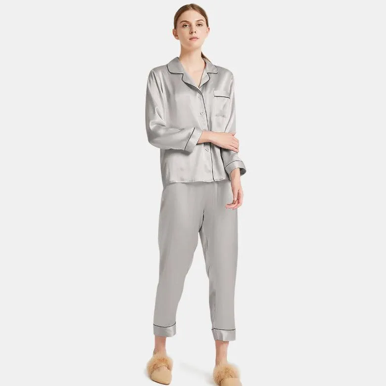 Women's  Capri-pants Silk Pajamas Set Long Sleeve Real Mulberry Comfy Silk Two Piece Pajamas Set