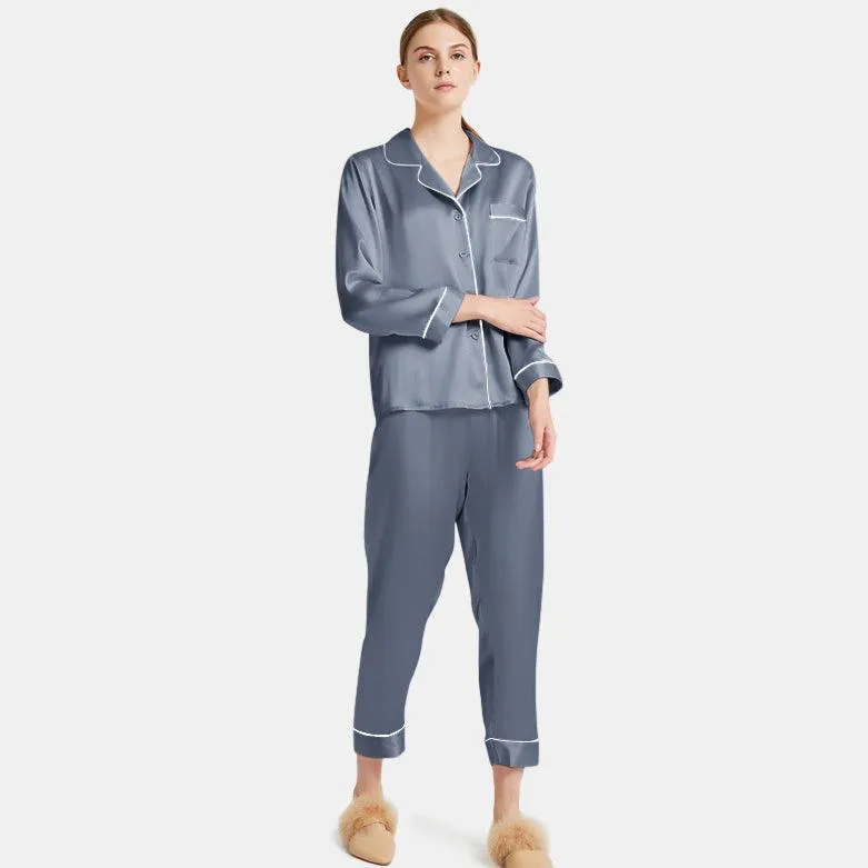 Women's  Capri-pants Silk Pajamas Set Long Sleeve Real Mulberry Comfy Silk Two Piece Pajamas Set