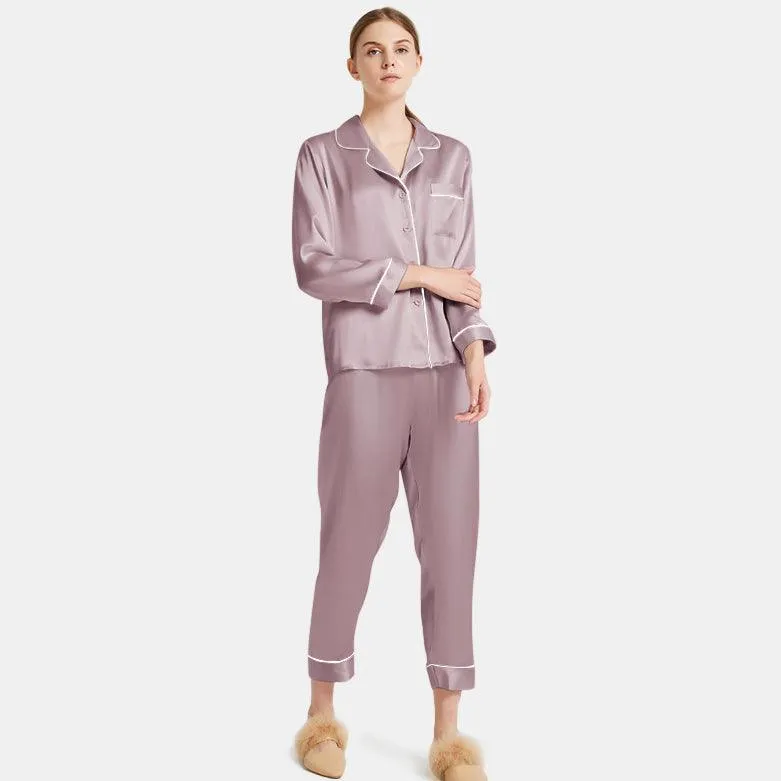 Women's  Capri-pants Silk Pajamas Set Long Sleeve Real Mulberry Comfy Silk Two Piece Pajamas Set