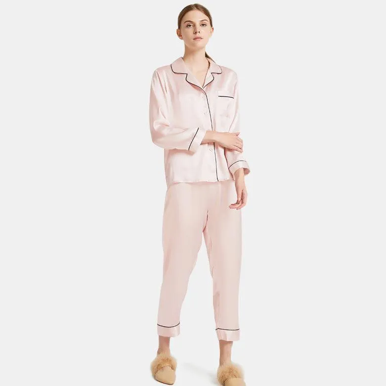 Women's  Capri-pants Silk Pajamas Set Long Sleeve Real Mulberry Comfy Silk Two Piece Pajamas Set