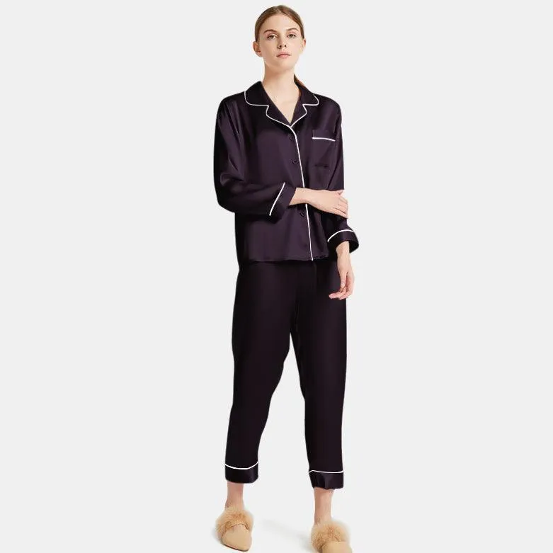 Women's  Capri-pants Silk Pajamas Set Long Sleeve Real Mulberry Comfy Silk Two Piece Pajamas Set