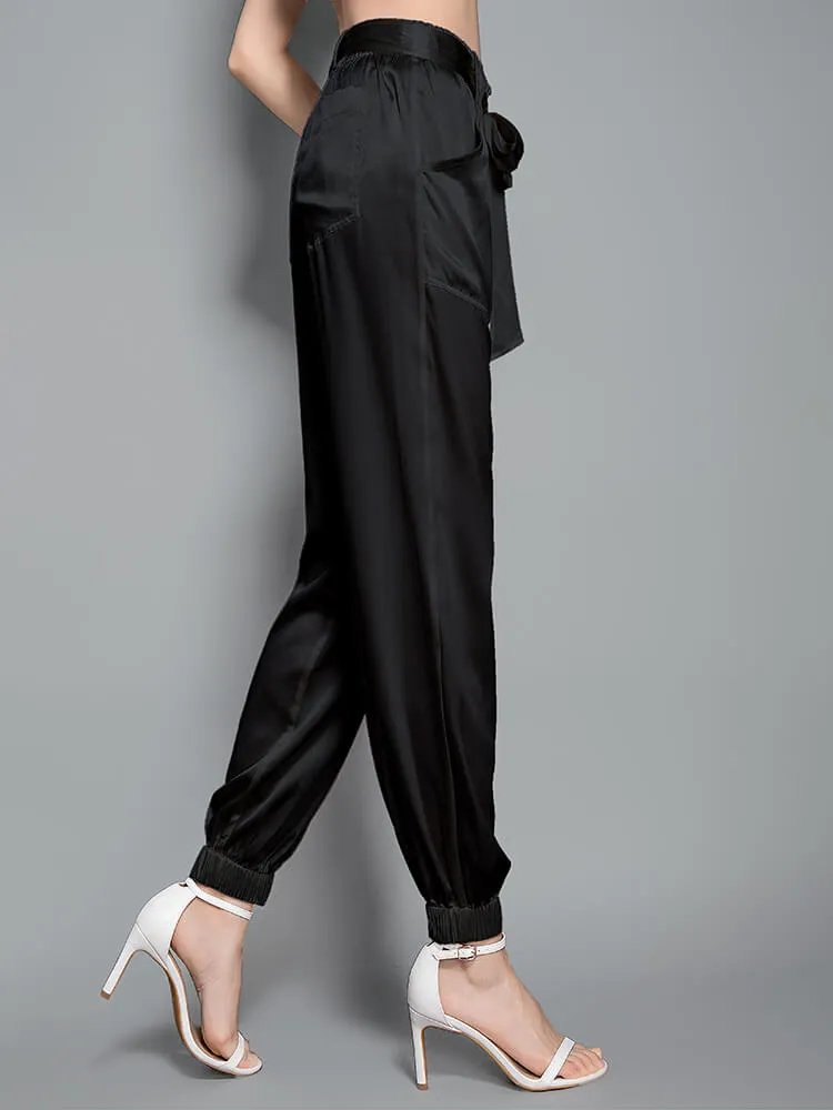 Womens Fashion Tie Waist Ankle Banded Cropped Silk Trousers