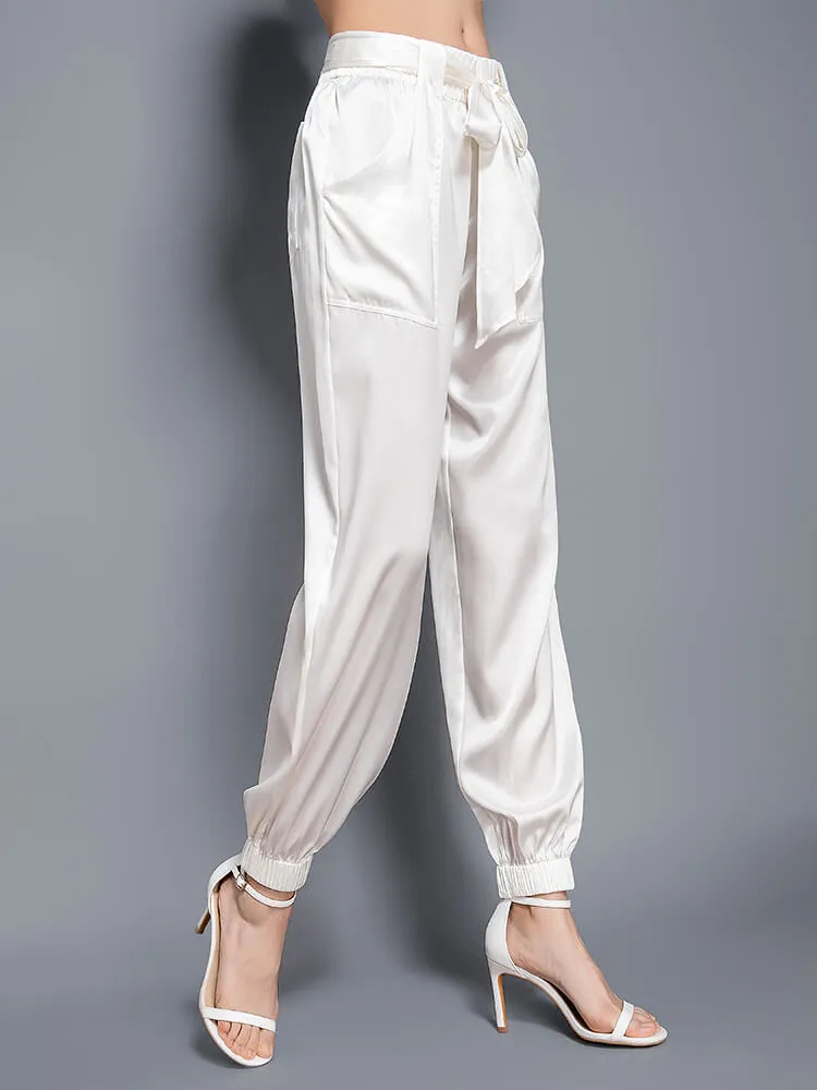 Womens Fashion Tie Waist Ankle Banded Cropped Silk Trousers